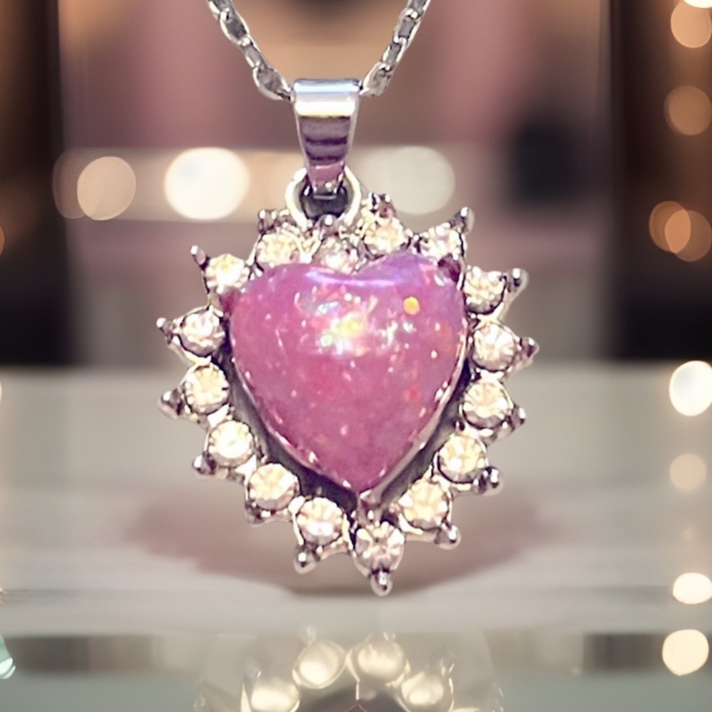 Unique Opal Coral Heart Trimmed With Gorgeous Diamonds Pendant Necklace